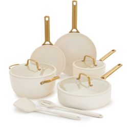 GreenPan ceramic nonstick cookware sets featuring cream-colored exteriors , gold-tone handles 11 pc 