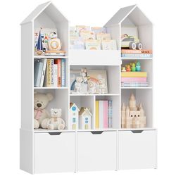 Toy Storage Organizer with Castle Roof, Large Kids Bookshelf Dollhouse with 3 Movable Drawers and 9 Storage Cubbies, Toy Organizers with 3-Tier Book R