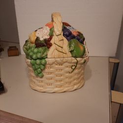 Vintage Ceramic Canister basket with fruit and vegetables  on lid