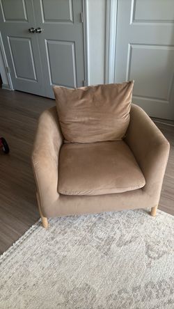 Beige Fabric Armchair with Wood Legs