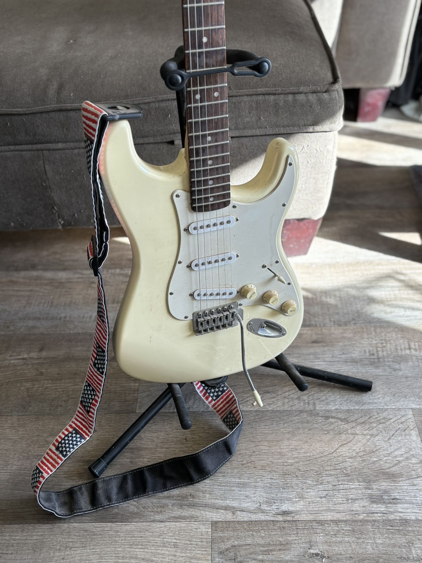 Squier Guitar, Stand, And Amp