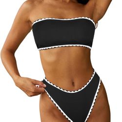 Swimsuits Ribbed Lace up Strapless Bandeau Bikini Set High Cut Bathing Suits