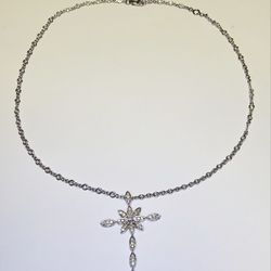18k Gold Natural  Diamond Tennis Necklace Cross Pendant #13939