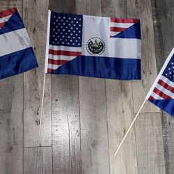 1. USA El Salvador Small Flag Size 12”x18” Single Sided With Wooden Stick 