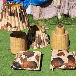 Vintage 1970s Brown Tan Autumn Leaf Design Wicker Lamps & Pillows Set
