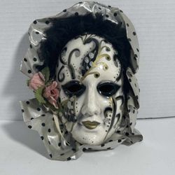 Vintage Ceramic Porcelain Mask Mardi Gras Painted Wall Hanging White Black Polka Dot Trim