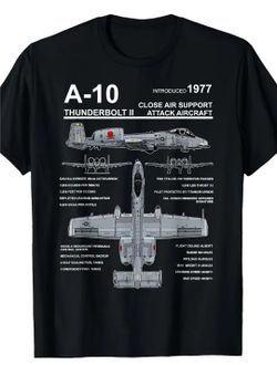 A-10 Thunderbolt II Warthog Military Jet T-Shirt - Vintage Aircraft Blueprint Graphic with specifications. Available In M,L, XL