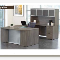 Brown Office Furniture L Shaped Desk With Glass Modesty And Cadenza + Pedestal Storage