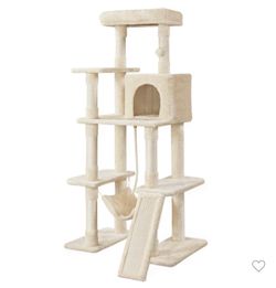 63" Multilevel Plush Cat Tree with Hammock for Cats Kitchens- Beige