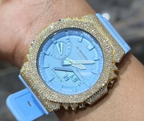 Authentic Casio G-SHOCK GA2100 Custom Iced Out Watch – Yellow Bezel | Blue Band