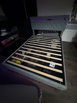 Gray Upholstered Bed Frame with LED Lights