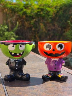 Vintage Style Ceramic Halloween Candy Bowls – Frankenstein & Pumpkin Jack-O'-Lantern (Set of 2)