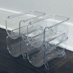 Set of 4 Fridge, Countertop or Cabinet Stackable Organizer; Bottle or Wine Rack. Clear plastic.