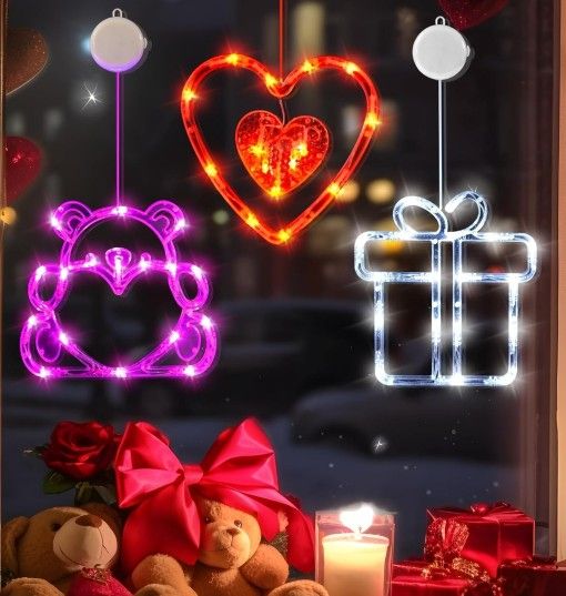 Valentines Day Lights 3 Pack Red Heart Pink Bear White Gift Box with Suction ...