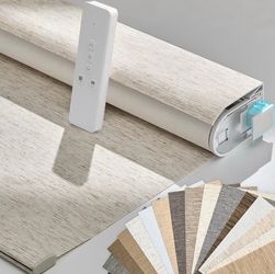 New Smart Motorized Blinds 34 1/2 x 72H with Remote, No Drill Automatic Roller Shades for Indoor Windows, Blackout Linen Fabric, Electric Blinds for