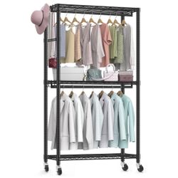 Heavy Duty Double Rod Wire Garment Rack with Wheels
