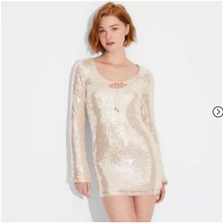 Long Sleeve Sequin Mini Shift  Dress -Champagne