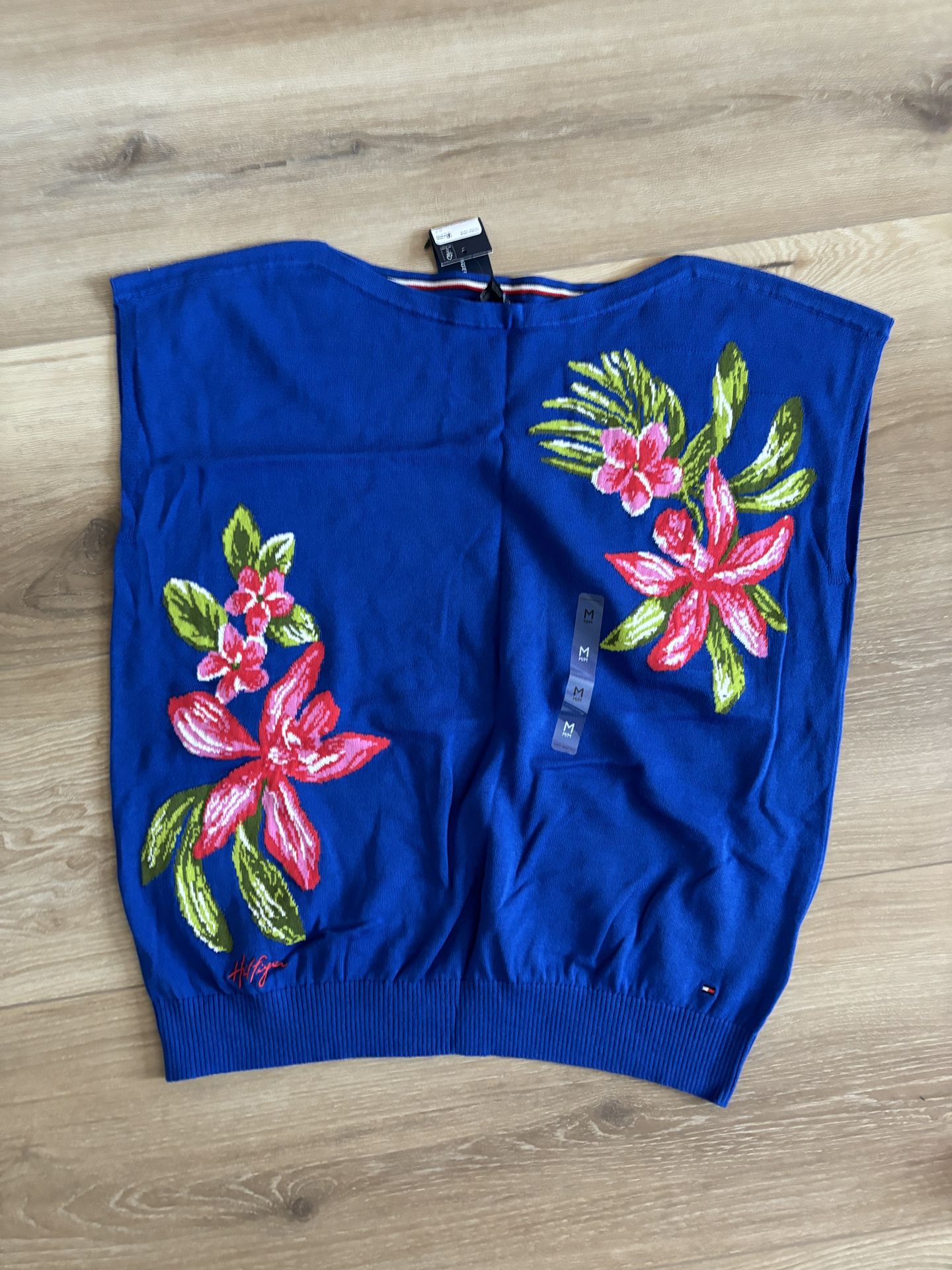 TOMMY HILFIGER  Blue Boat Neck Floral Pattern Sweater Top Size Medium