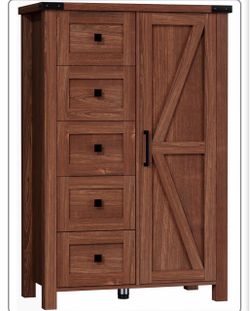 Farmhouse 48 Inch Tall Dresser Chest of Drawer for Bedroom, 5 Drawer Storage Cabinet with Barn Door, Adjustable Shelves, Rustic, for Living Room, Entr