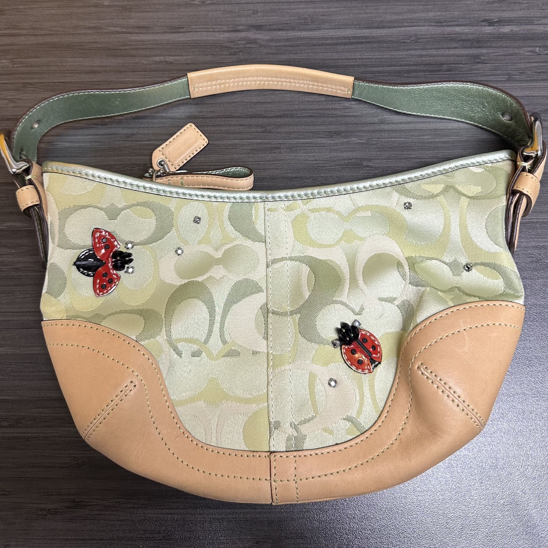 Coach Ltd Ed Green Signature C Optic Hobo Ladybug Bag Purse
