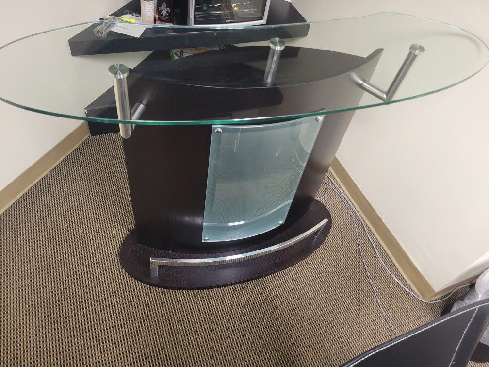 Dark Brown (Espresso) Glass Table Top with Shelves in the Back $500 OBO

