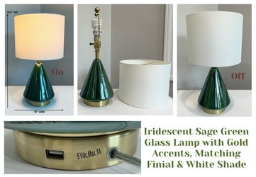 Iridescent Sage Green Glass Lamp with Gold Accents, Matching Finial & White Shade