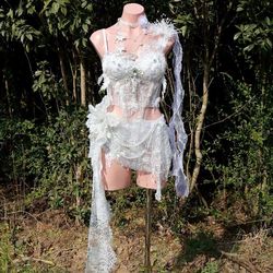 A Stylish, All-in-One White Fairy Corset Rave/EDM Dress Set, Sheer Lace Sparkling Crystal Sequins w/Pearl Ch
