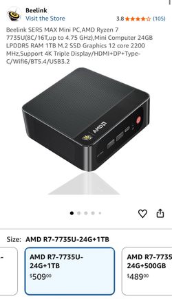 Beelink SER5 MAX Mini PC, AMD Ryzen 7 7735U(8C/16T,up to 4.75 GHz), Mini Computer 24GB LPDDR5 RAM 1TB M.2 SSD Graphics 12 core 2200 MHz,Support 4K Tri