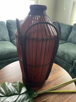 Rattan and Wood Decorative Floor Vase