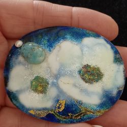 Vtg.Signed Handpainted Dogwood Flowers Pin