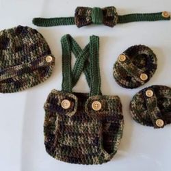 Crochet Baby Boy Camouflage Suspenders Newsboy Hat Diaper Cover Outfit Photo Prop