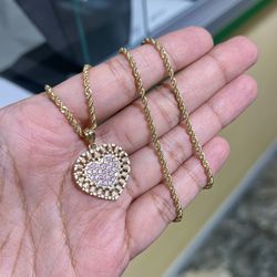 Gold Heart Charm W Gold Rope Chain 2MM 16"