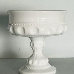 Vintage Indiana Milk Glass Kings Crown Round Thumbprint Pedestal Compote Dish/Milk Glass