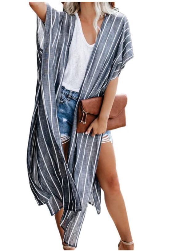 One Size Kimono Swimsuit Coverup Open Front Striped Maxi Cardigan Beach Cover Up