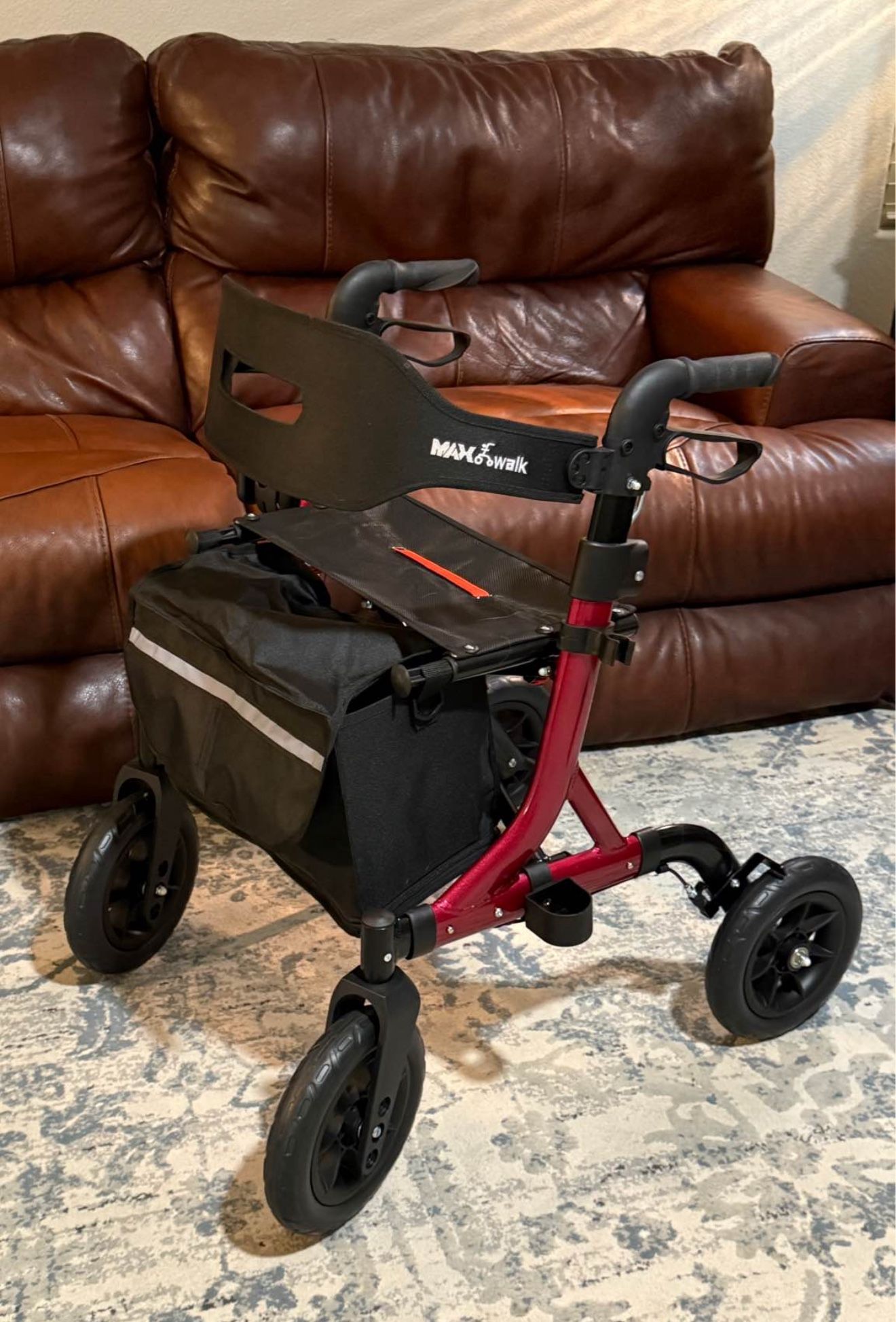 Walker, Assembled Red Rolling Seat Cart Large Wheels, Foldable and Lightweight, Cup and Cane Holder
