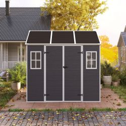 8*7ft Outdoor Storage Shed, Outdoor Resin Shed with Two-Window and Double-Door, Plastic Shed with Floor for Garden, Patio, Yard, Lawn (Dark Gray)