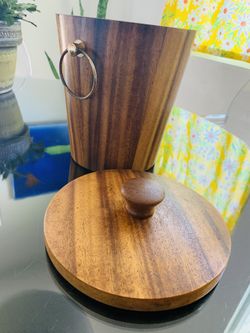 Vintage MCM KMC Teak Wood Ice Bucket W/ Brass Handles & Aluminum Lined