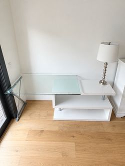 Modern Glass Top Desk with White Shelves