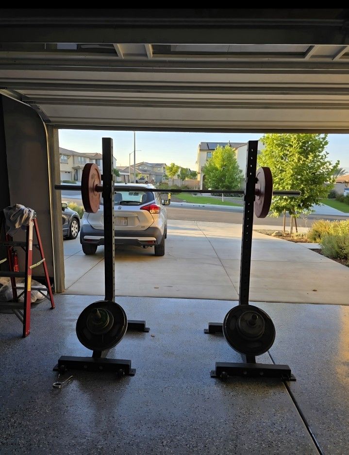 Pendlay Mobile Squat Rack w/ built in weight storage, Olympic Barbell, bumper plates & Weight plates