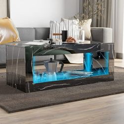 LED Coffee Table with Open Storage, Modern Black Coffee Table with 16 Colors LED Lights, Rectangle Center End Table with Marbling Print for Living Roo