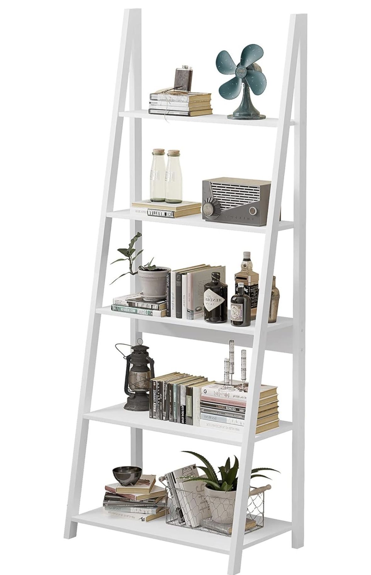 5-Tier Ladder Shelf Bookcase Leaning Bookshelf WHITE Wooden Frame Decor Modern Bookshelf Storage