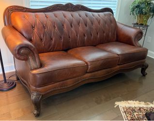 Victorian Tufted Genuine Leather Sofa with Carved Wood Frame