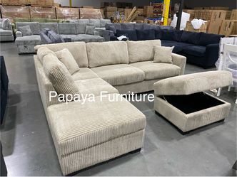 105”L Reversible chaise couch. New! Camel Plush Sectional And Storage Ottoman, Sectional Couch, Sofa, Reversible Sectional, Couch, Brown Sectional, Re