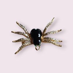 Vintage Goldtone Spider Brooch, Green Eyes, Rhinestones