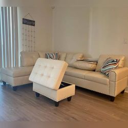 Beige color Leather sectional sofa with ottoman Leather couch