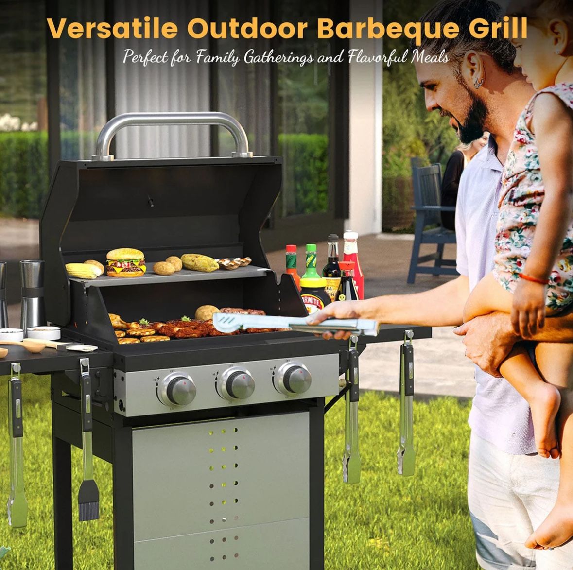 Vicllax BBQ Propane Gas Grill, Freestanding Grill Cart with Wheels 