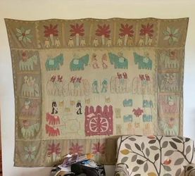 Large Vintage Indian Folk Art Elephant Tapestry Wall Hanging