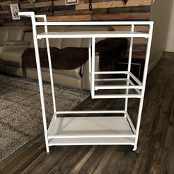 White Metal Bar Cart With Glass Shelf