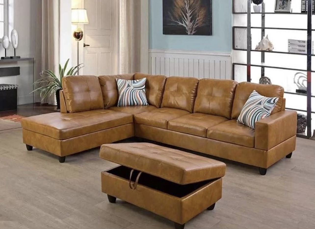 Caramel Leather Sectional Couch