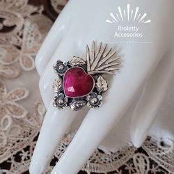 Anillo de Plata 925 Artesanal con hermosa Piedra Rojo Ruby y diseño estilo Frida.